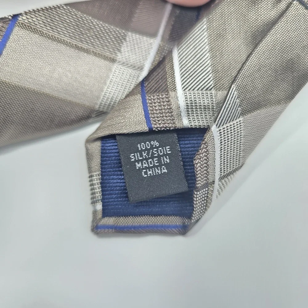 Michael Kors Mens Grey Plaid Silk Necktie Blue Accent Textured Formal Tie